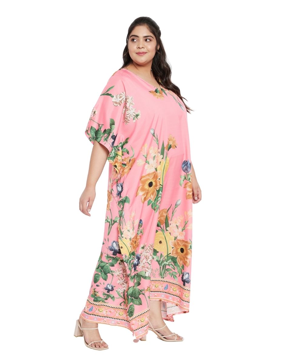 Polyester Pink Floral Pattern Kimono Sleeve Kaftan For Plus Size Women