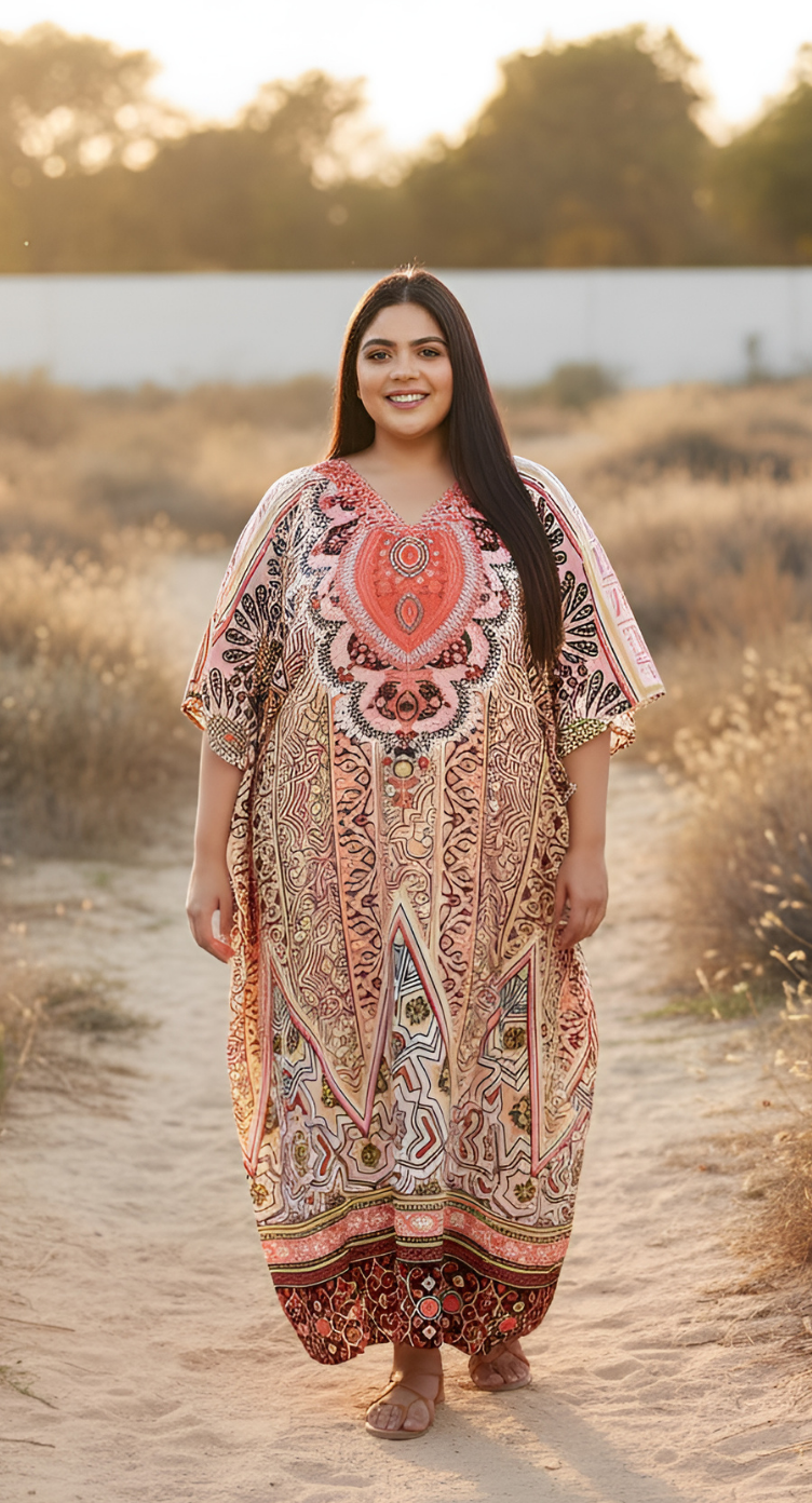 Kaftan For Plus Size Women Tribal Printed Multicolor Polyester