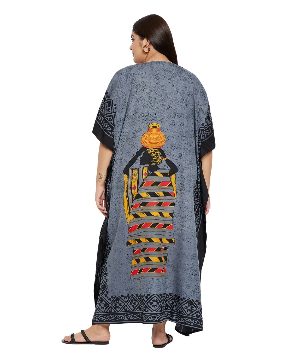Black Polyester Tribal Printed Plus Size Kaftan Dress For Women
