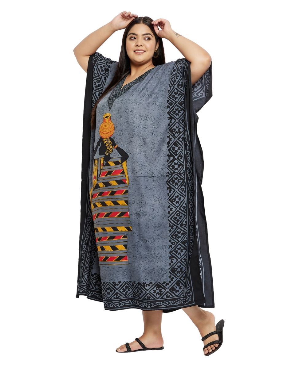 Black Polyester Tribal Printed Plus Size Kaftan Dress For Women