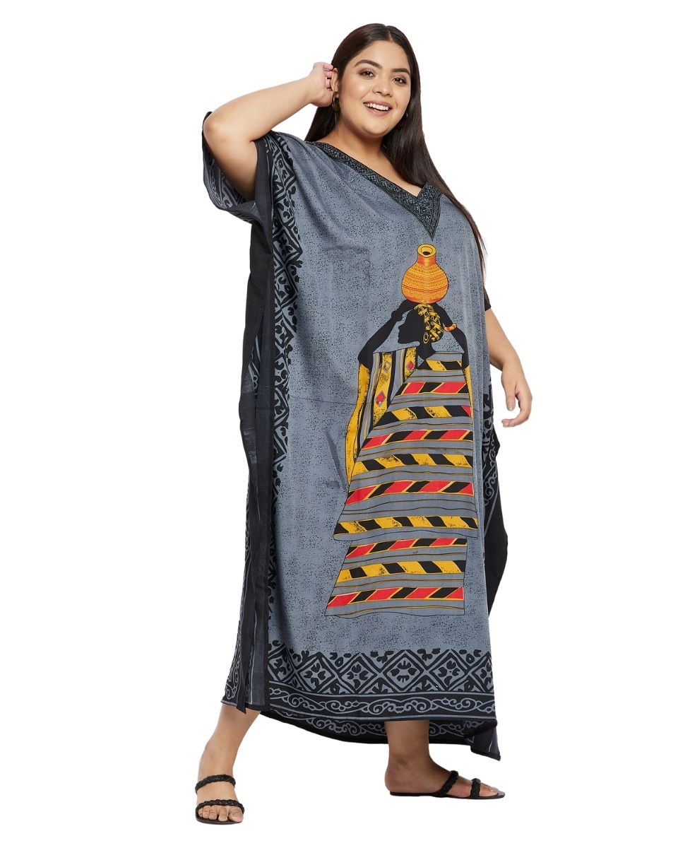 Black Polyester Tribal Printed Plus Size Kaftan Dress For Women