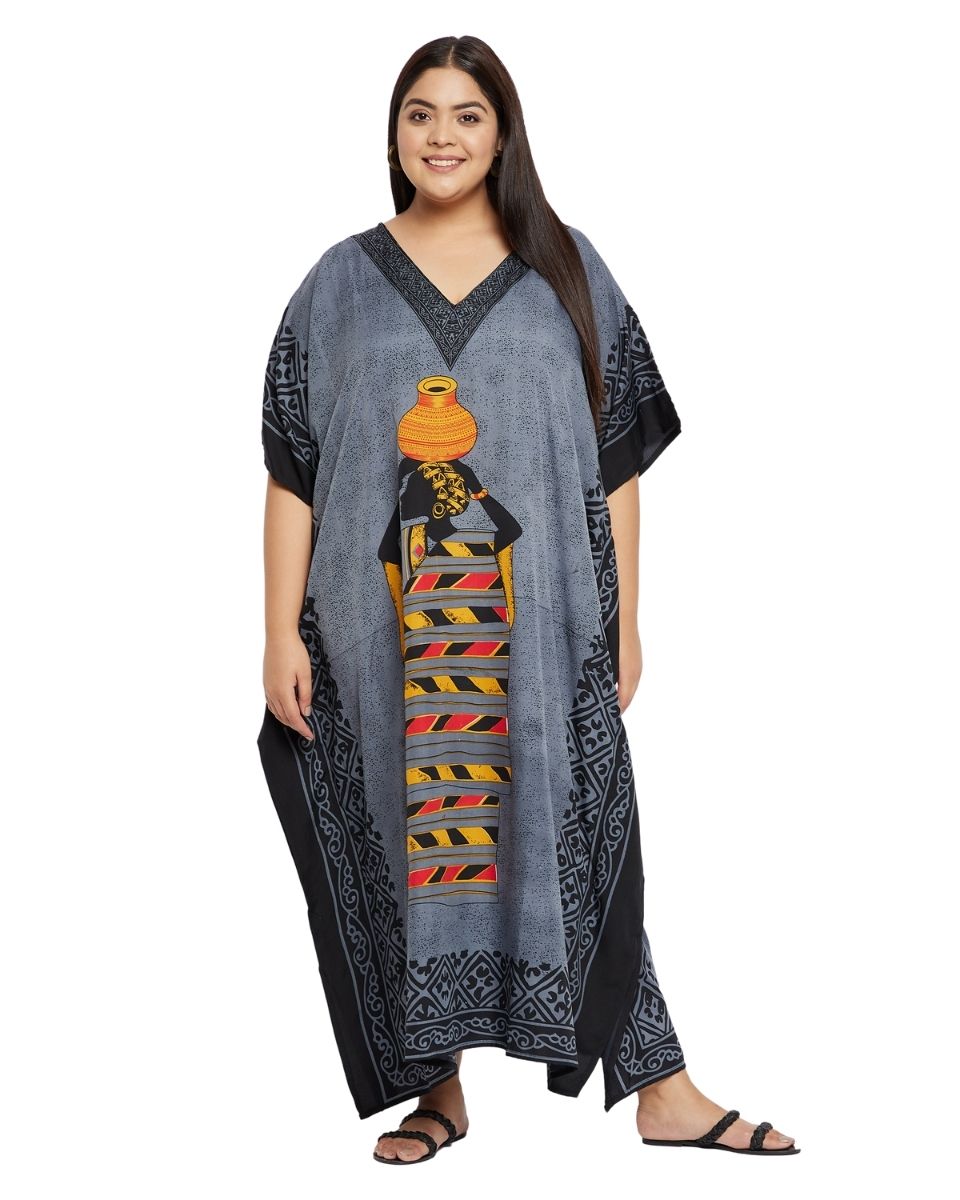 Black Polyester Tribal Printed Plus Size Kaftan Dress For Women