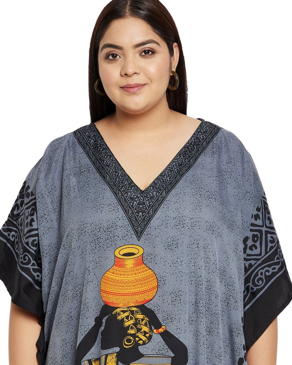 Black Polyester Tribal Printed Plus Size Kaftan Dress For Women
