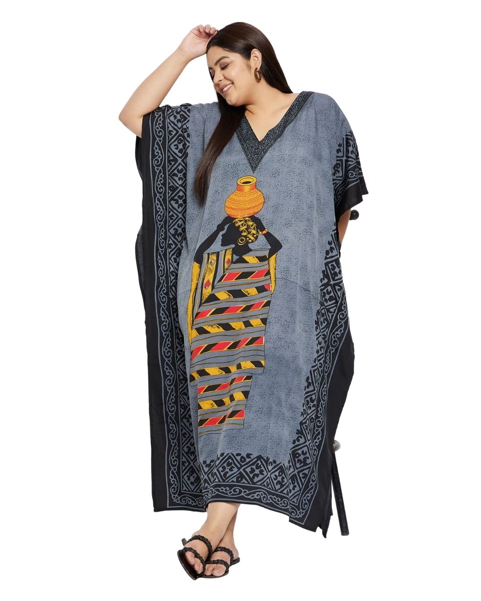 Black Polyester Tribal Printed Plus Size Kaftan Dress For Women