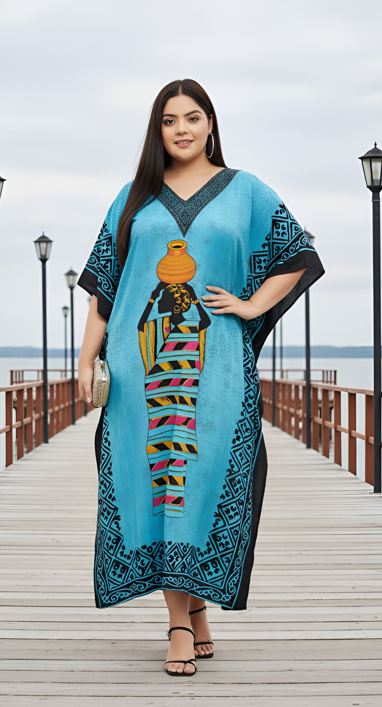Turquoise Polyester Tribal Print Kaftan For Plus Size Women