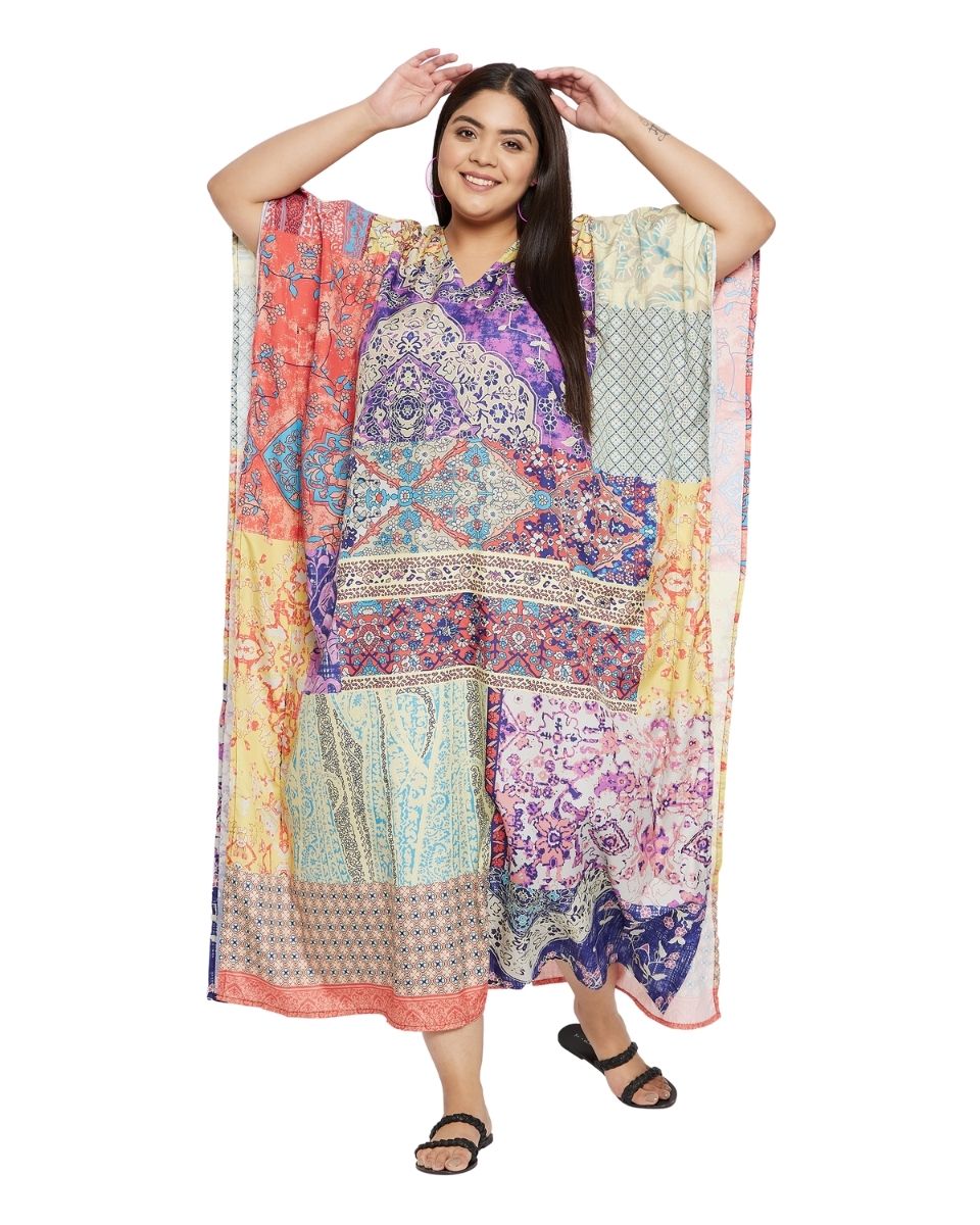 V-Neck Kimono Polyester Kaftan Multicolor Floral Pattern For Women
