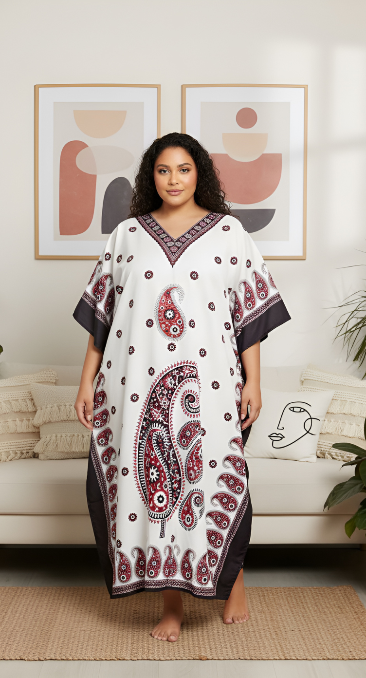 Paisley Printed Beige Color Polyester Plus Size Kaftan For Women