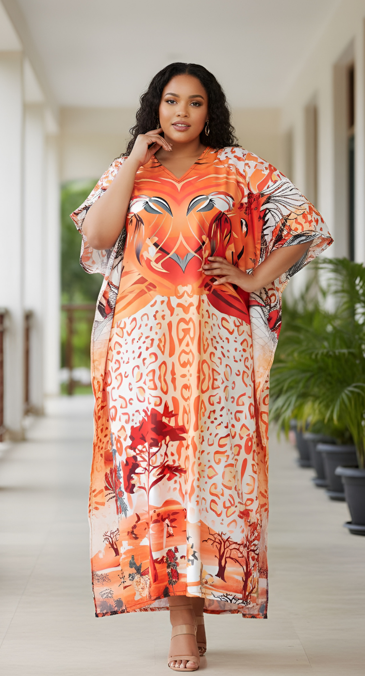 Kaftan For Plus Size Women Tribal Printed Orange Polyester