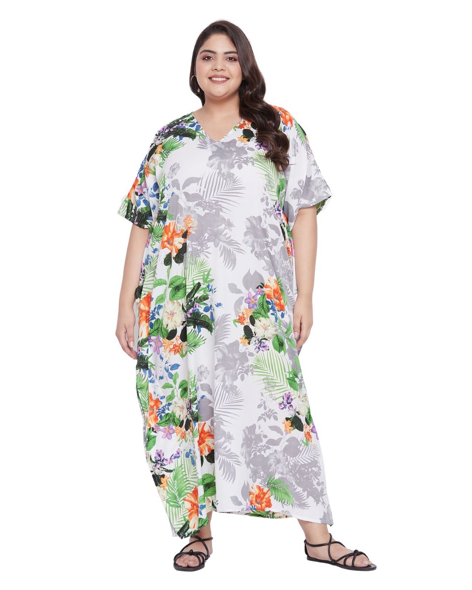 Floral Printed Multicolor Plus Size Polyester Kaftan Dress For Women