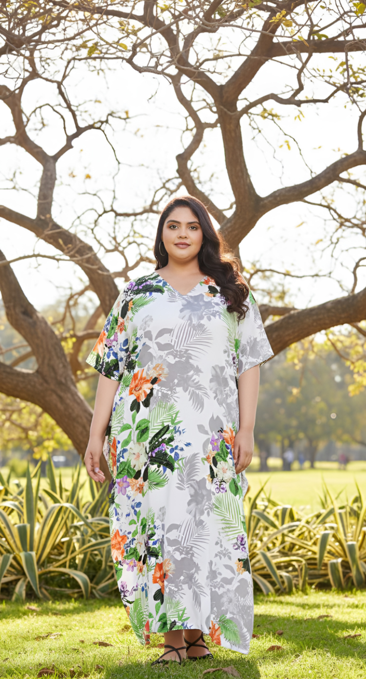 Floral Printed Multicolor Plus Size Polyester Kaftan Dress For Women