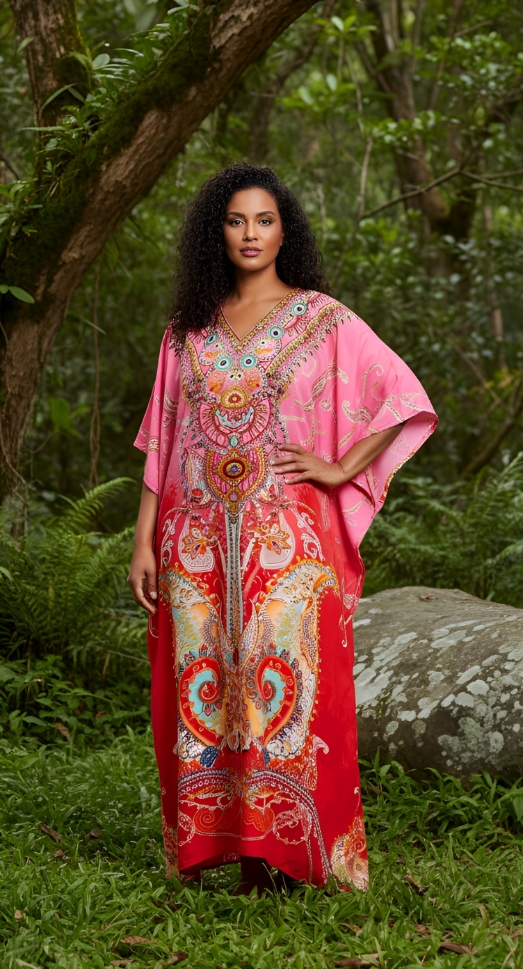 Floral Printed Multicolor Polyester Kaftan Plus Size Dress For Women