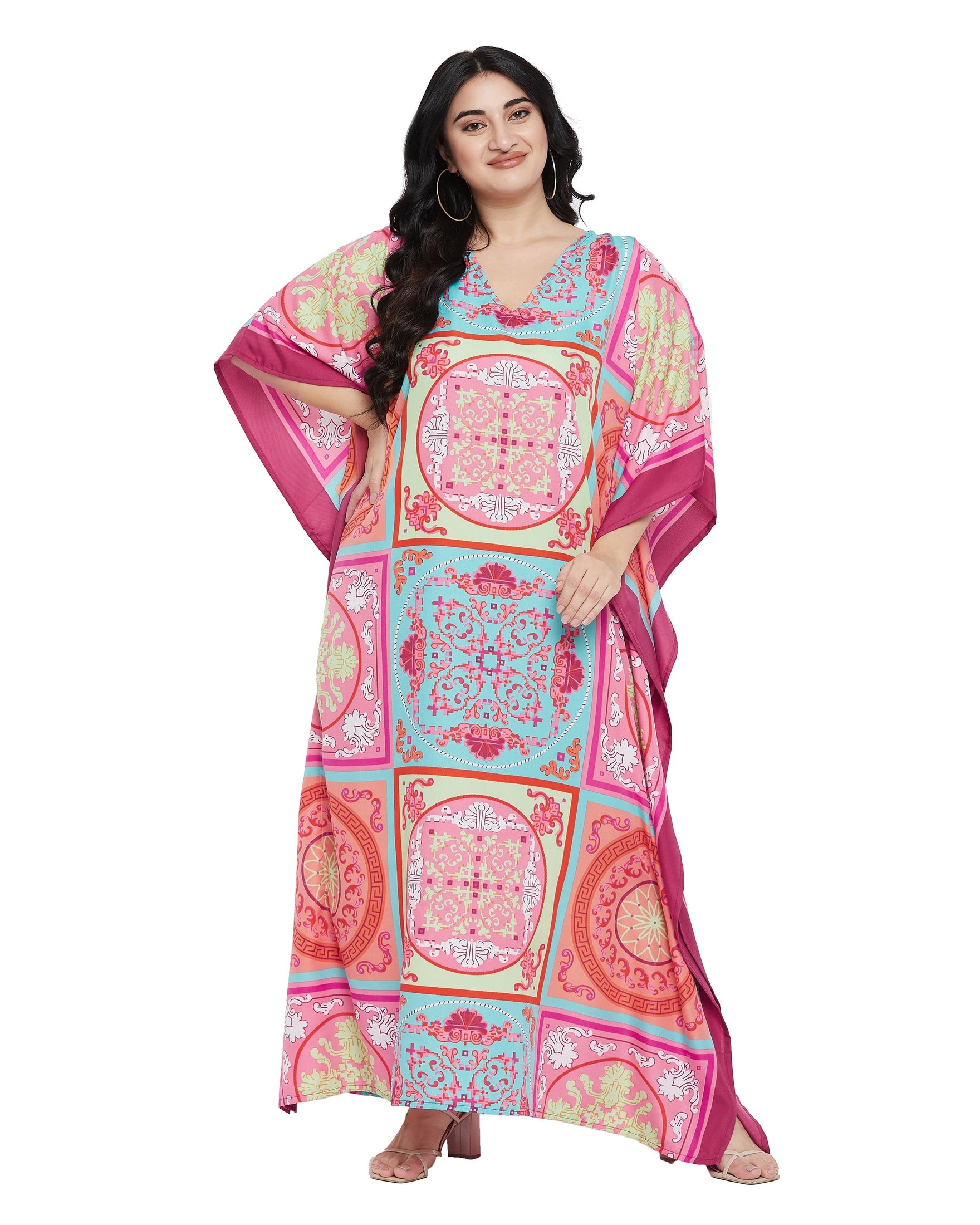 Floral Printed Pink Plus Size Polyester Kaftan Dress For Women