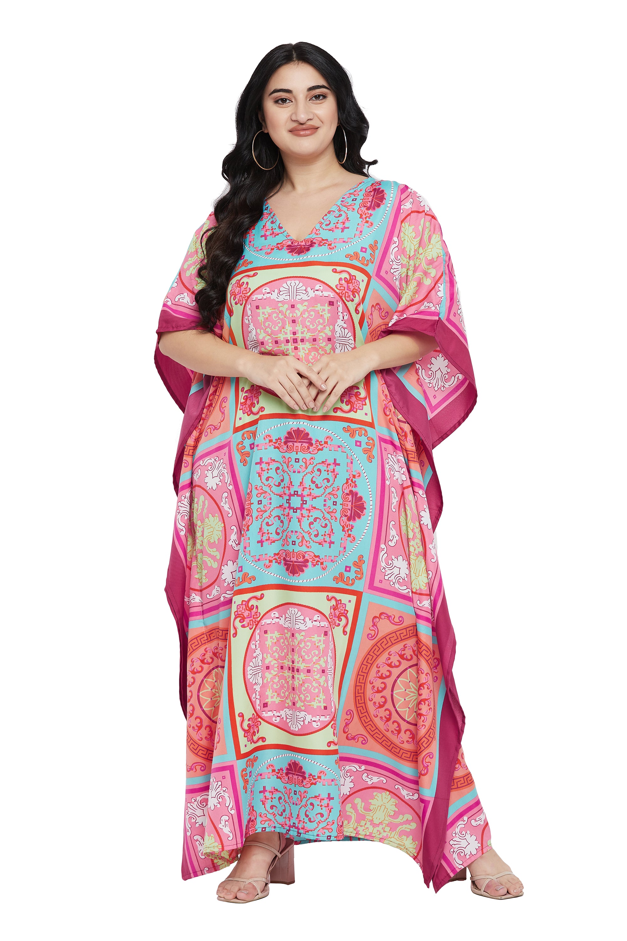 Floral Printed Pink Plus Size Polyester Kaftan Dress For Women