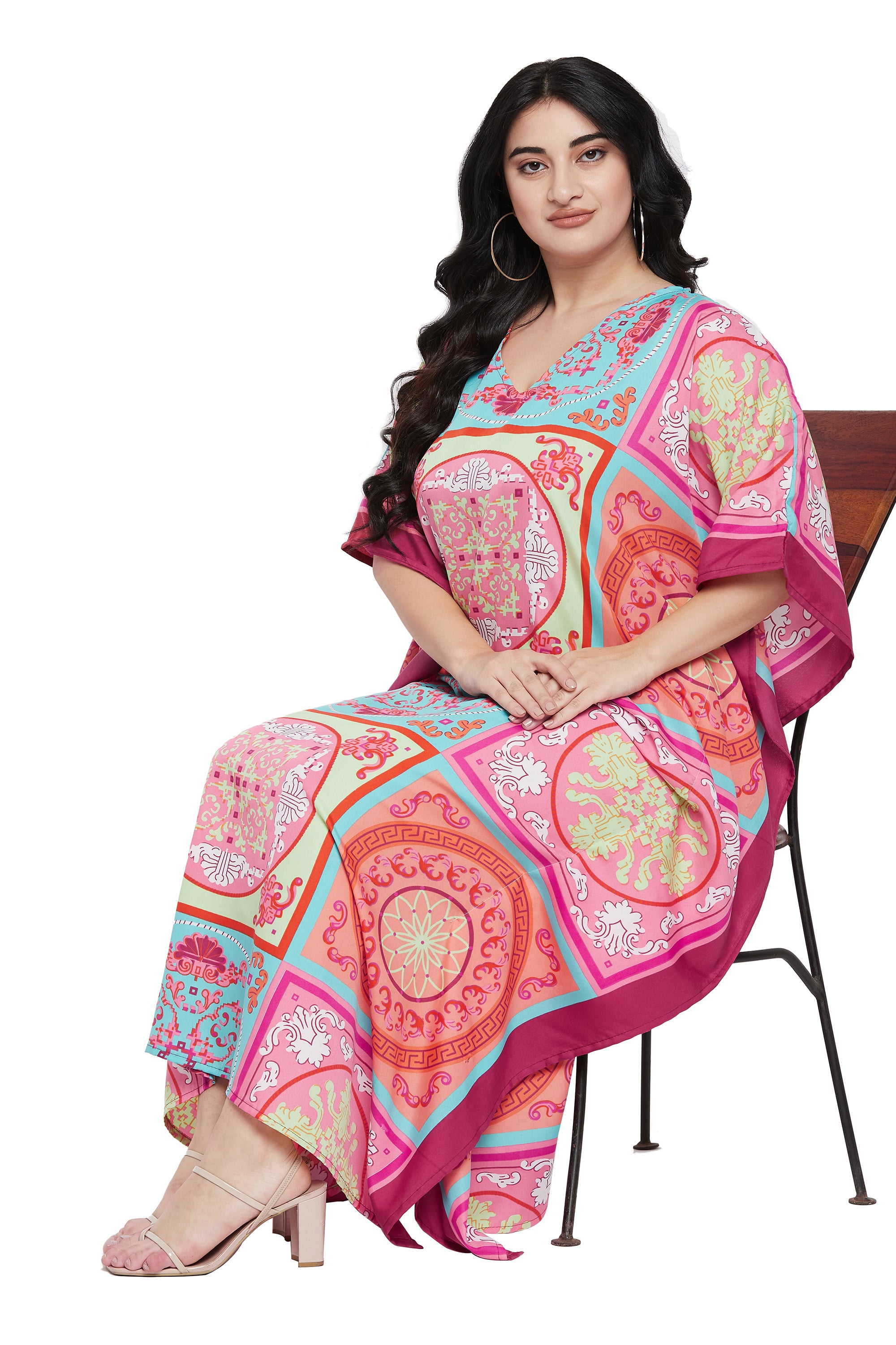 Floral Printed Pink Plus Size Polyester Kaftan Dress For Women