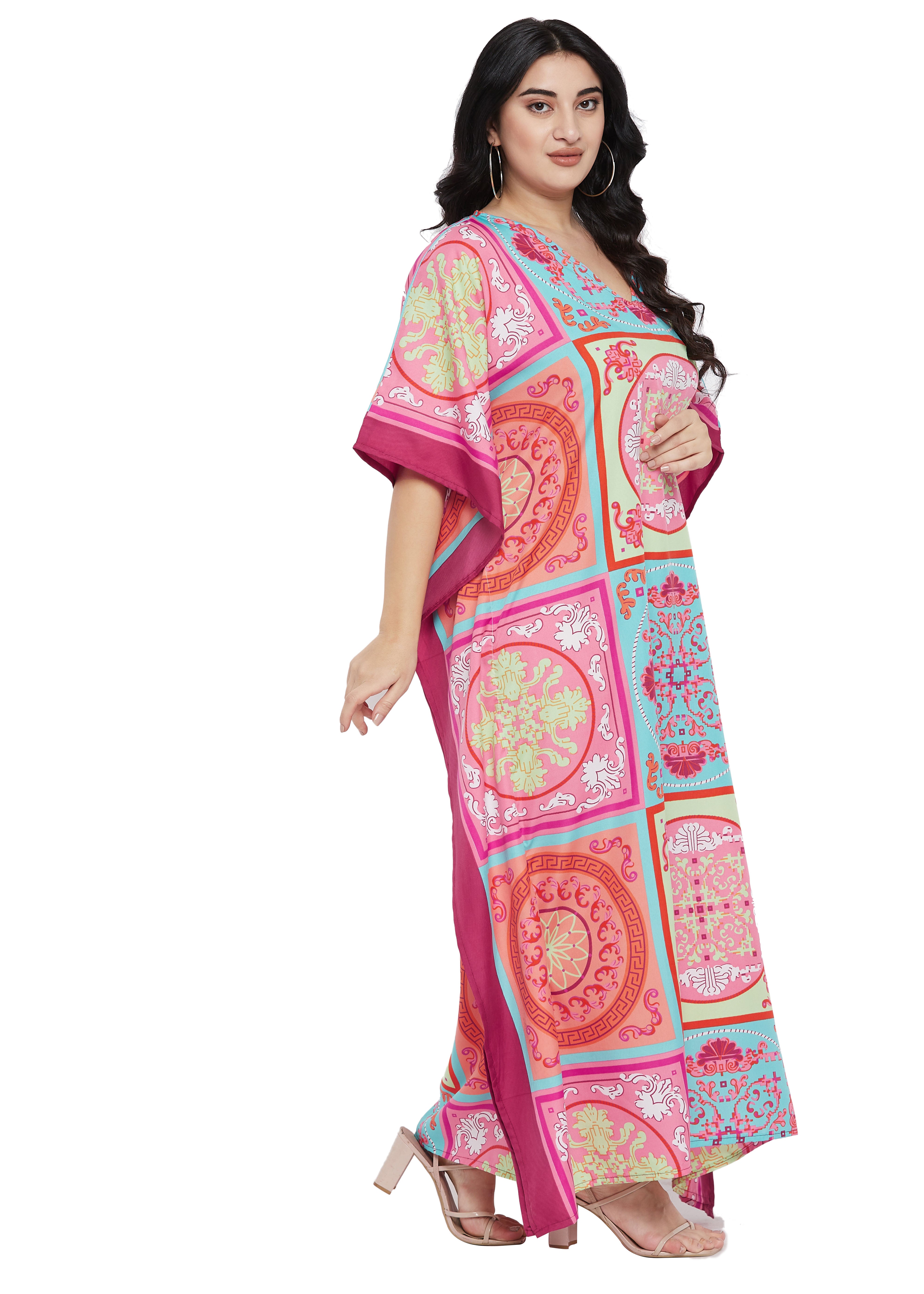 Floral Printed Pink Plus Size Polyester Kaftan Dress For Women