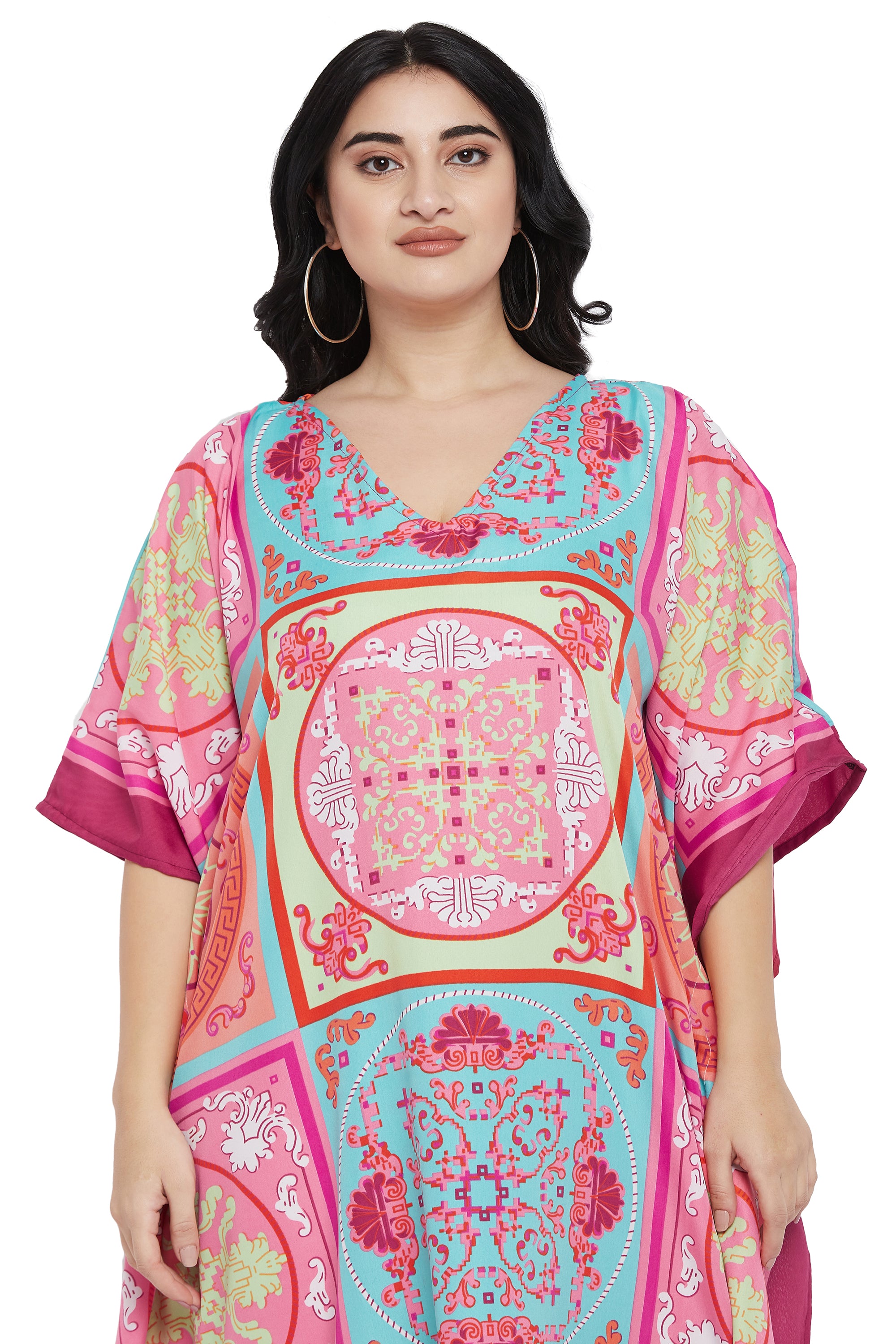 Floral Pink Polyester Plus Size Kaftan Dress For Women