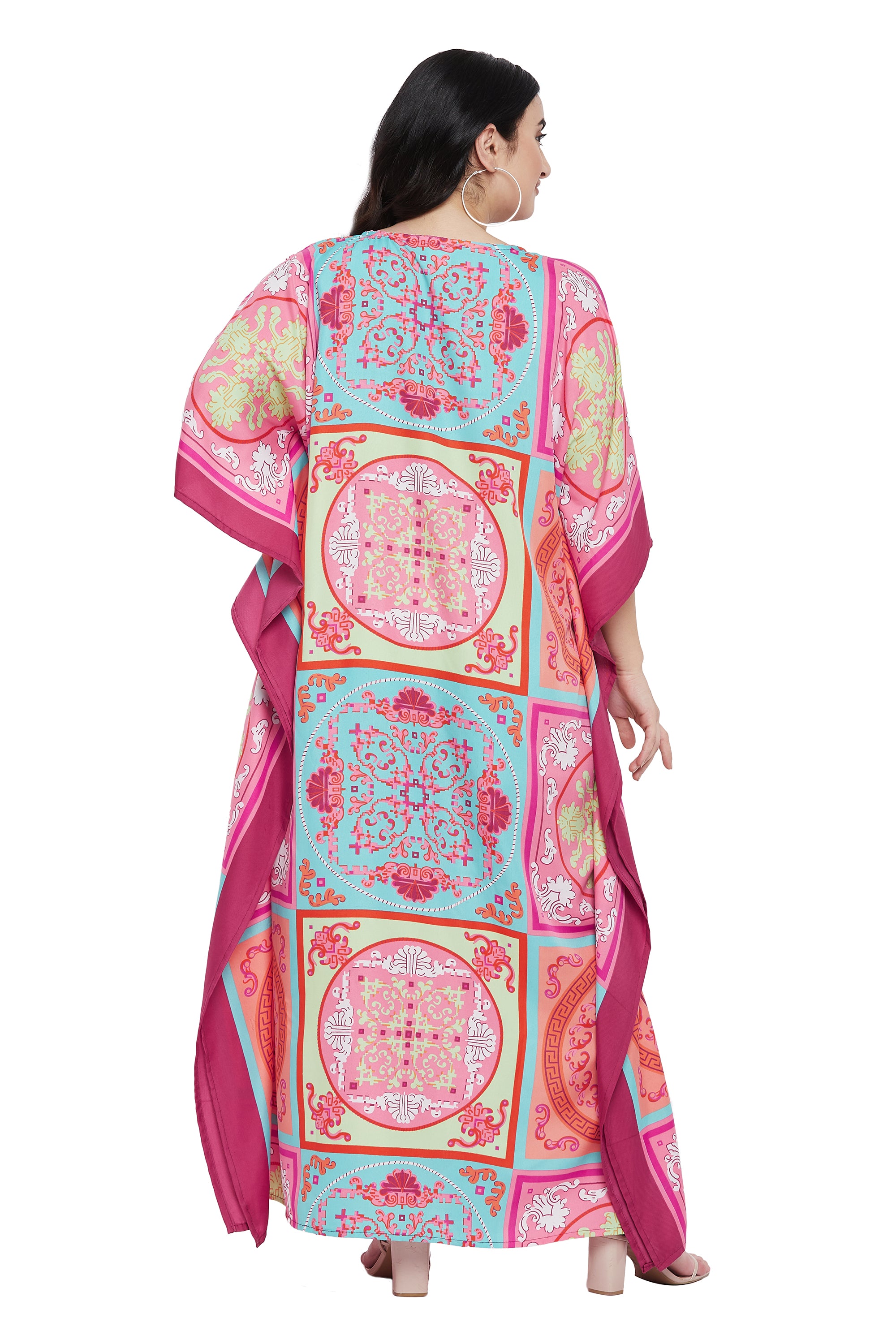 Floral Printed Pink Plus Size Polyester Kaftan Dress For Women