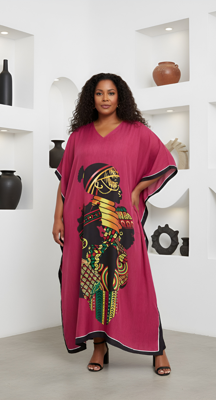 Polyester Tribal Printed Pink Plus Size Kaftan Dress For Women