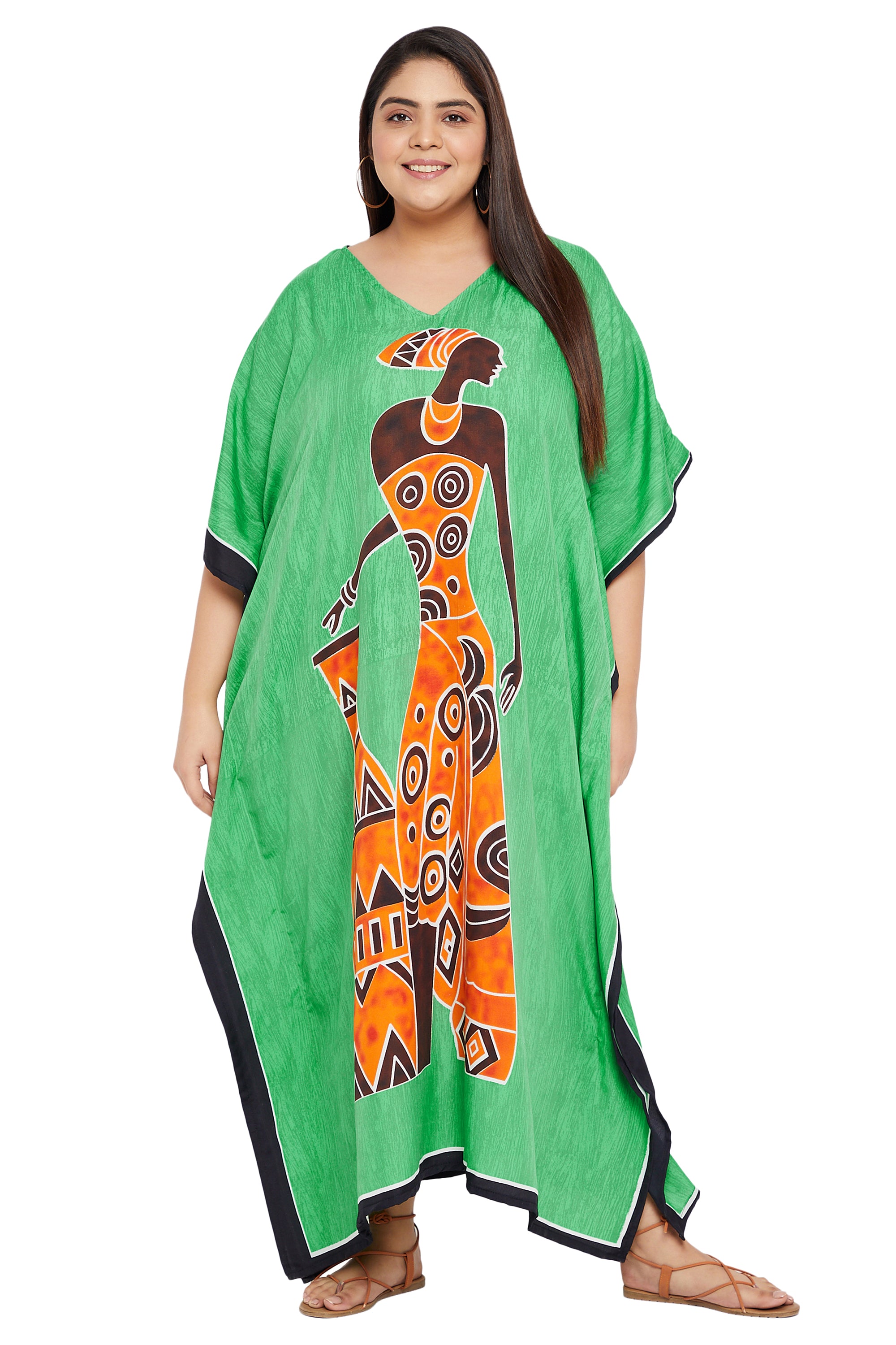 Green Polyester Kaftan Tribal Printed Plus Size Dress For Women
