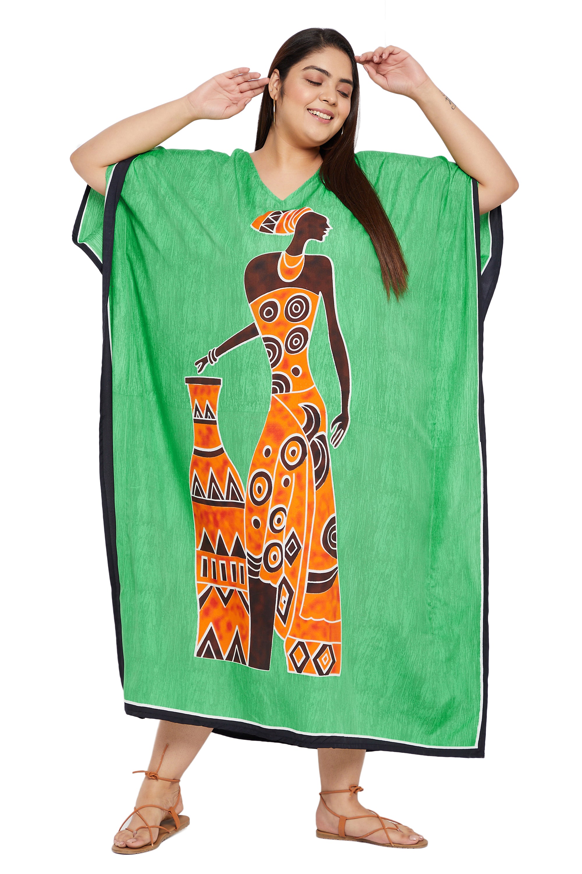 Green Polyester Kaftan Tribal Printed Plus Size Dress For Women