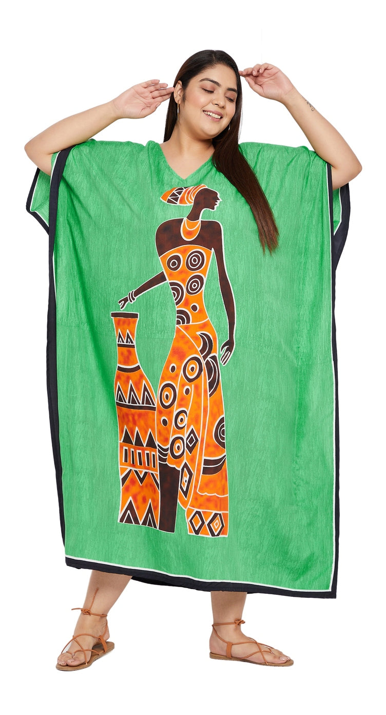 Green polyester plus size kaftan with orange African tribal figure print and black trim
