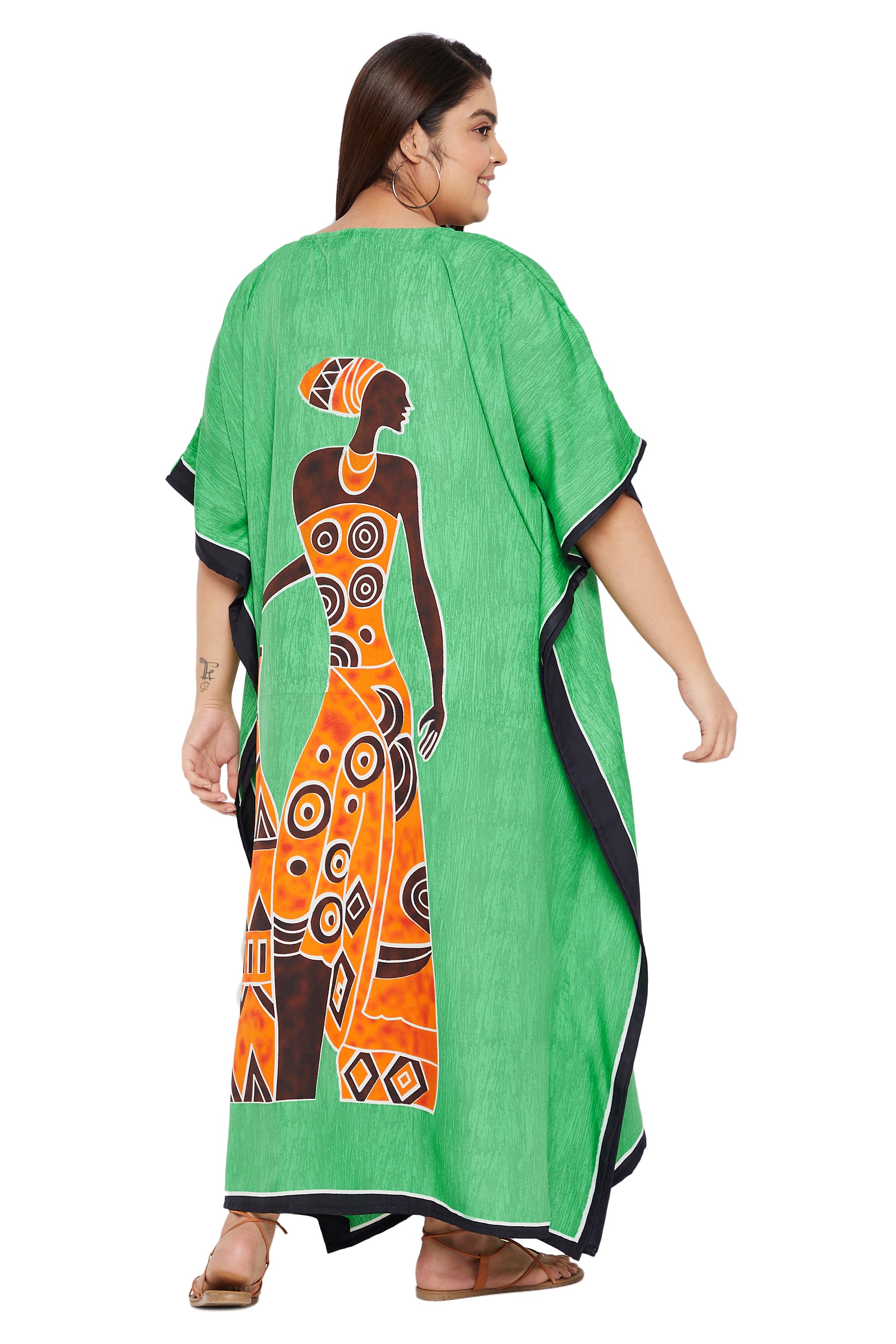 Green Polyester Kaftan Tribal Printed Plus Size Dress For Women