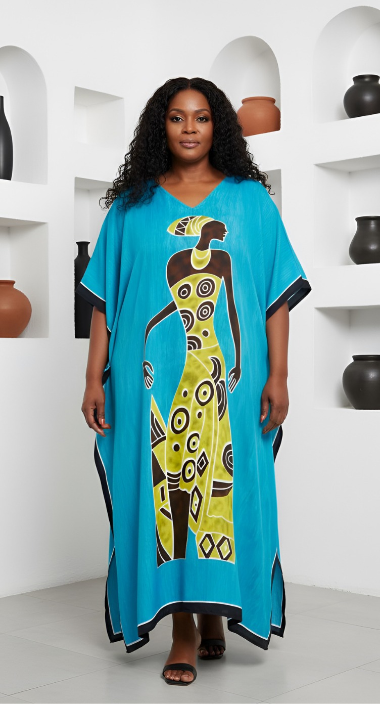 Sky Blue Tribal Printed Polyester Kaftan For Plus Size Women