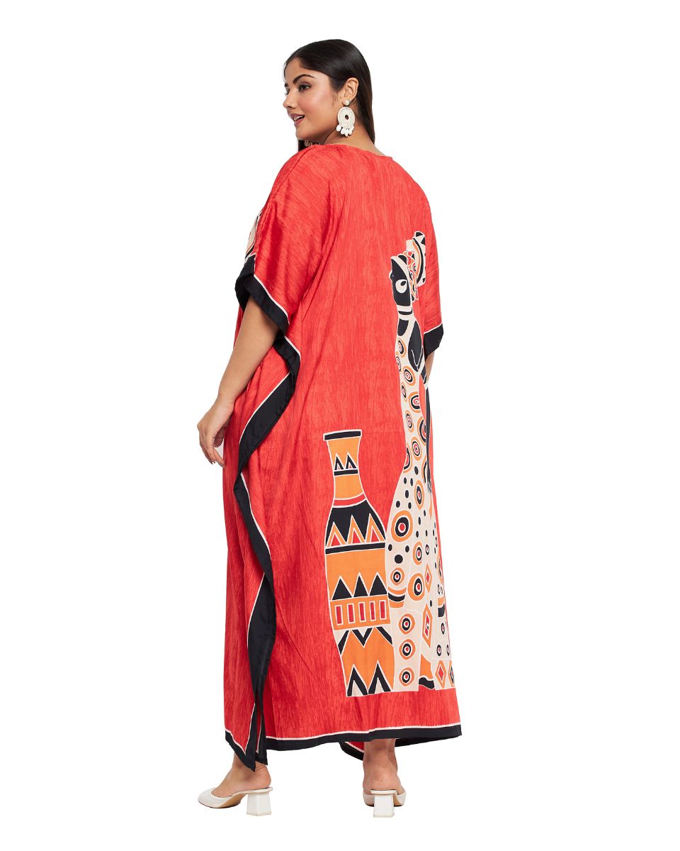 Dress For Plus Size Women Tribal Printed Red Polyester Kaftan