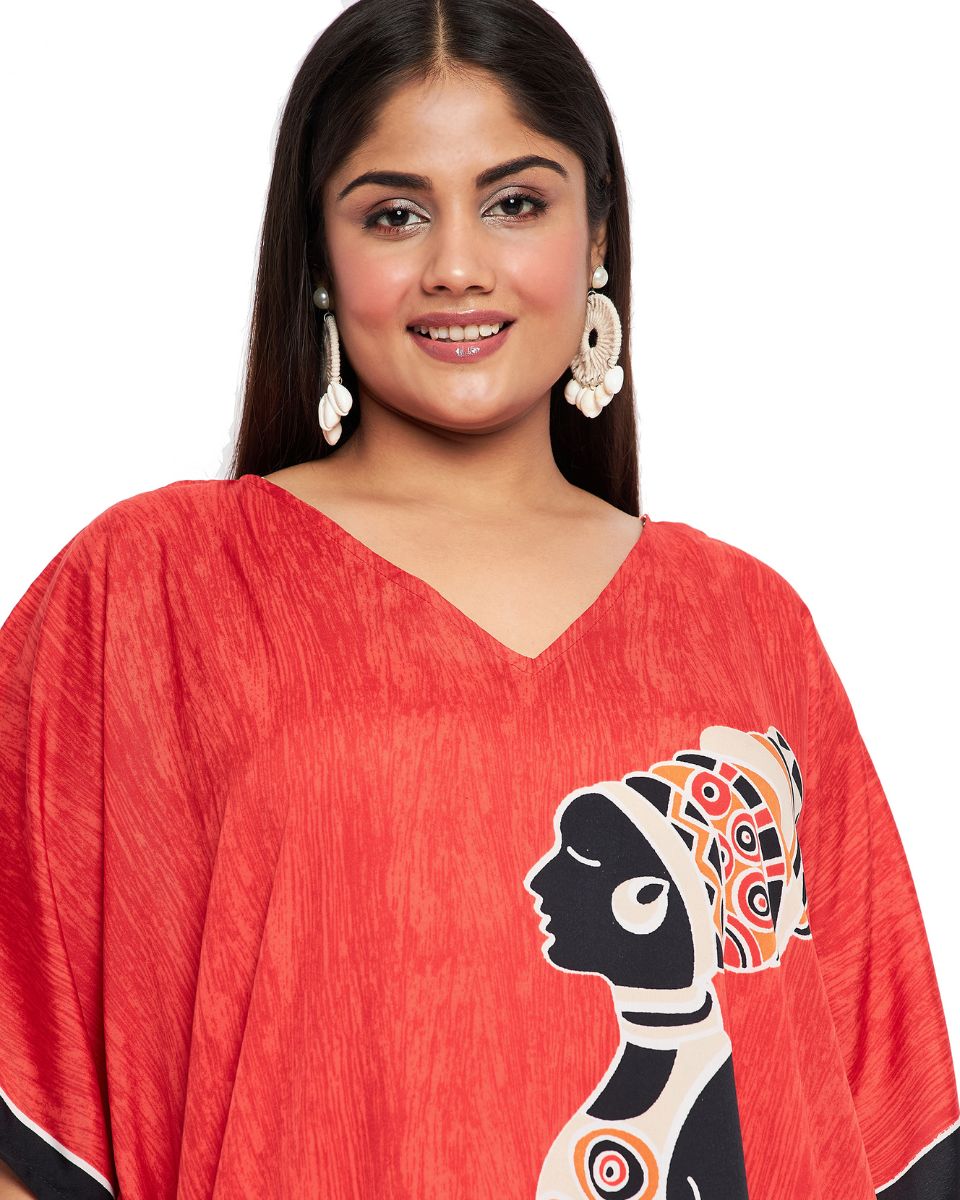 Dress For Plus Size Women Tribal Printed Red Polyester Kaftan