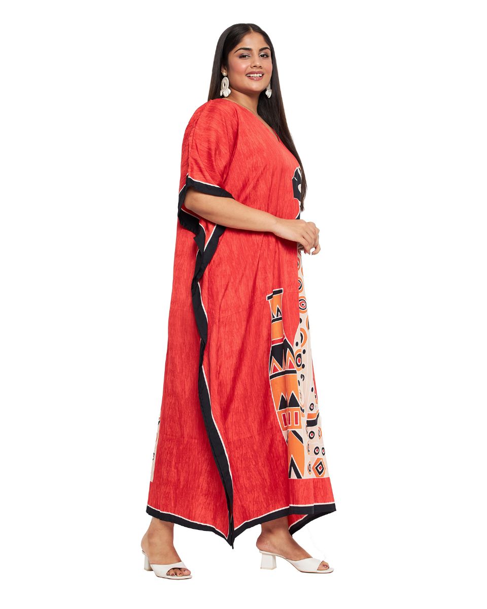 Dress For Plus Size Women Tribal Printed Red Polyester Kaftan
