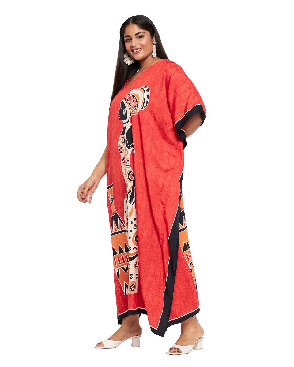 Dress For Plus Size Women Tribal Printed Red Polyester Kaftan