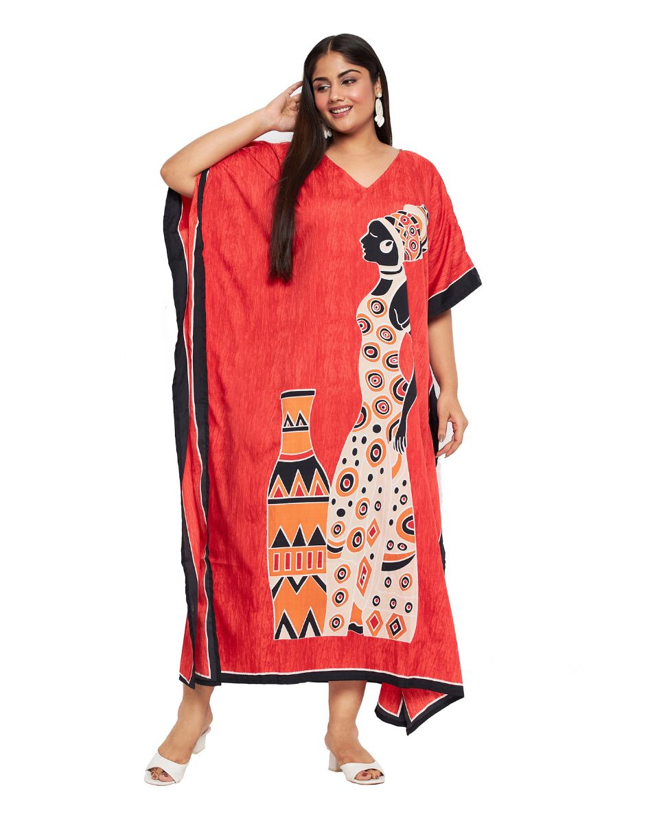 Dress For Plus Size Women Tribal Printed Red Polyester Kaftan