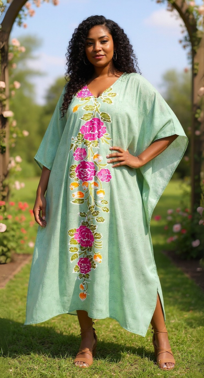 Floral Printed Green Polyester Kaftan Plus Size Dress For Women