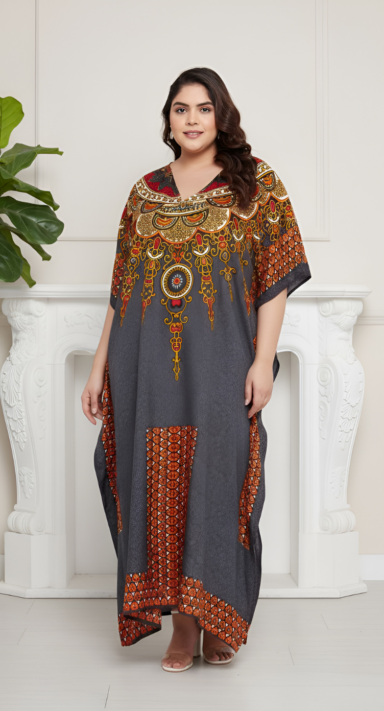 Gray Polyester Kaftan Tribal Printed Plus Size Dress For Women