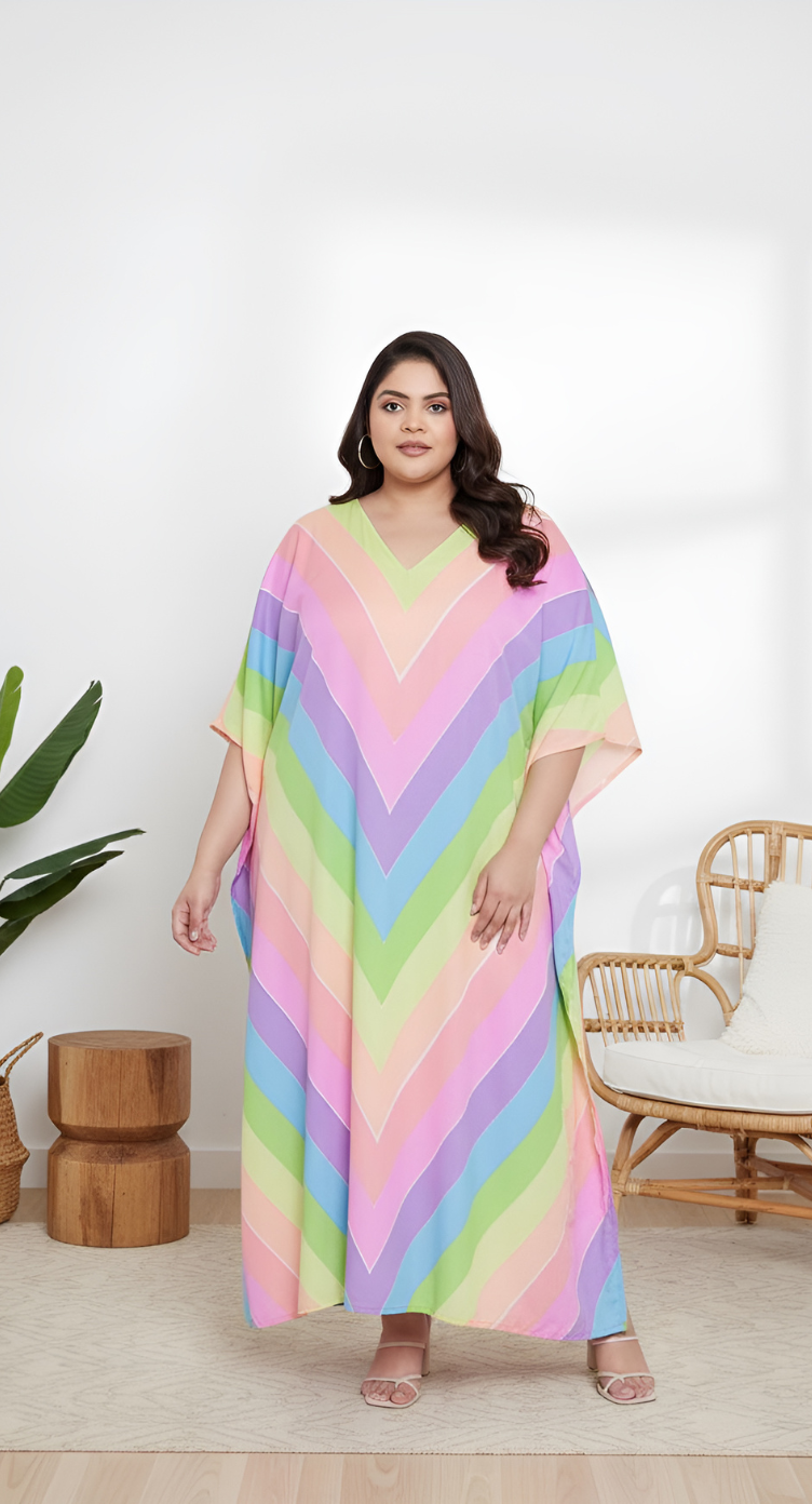 Geometric Multicolor Plus Size Polyester Kaftan Dress For Women