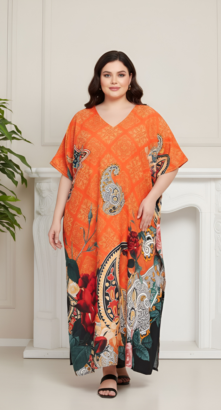 Floral Printed Orange Polyester Plus Size Kaftan Dress For Women