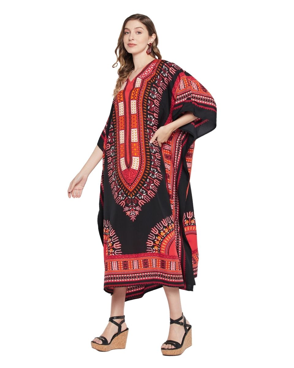 Dashiki Print Black Polyester Kaftan For Plus Size Women