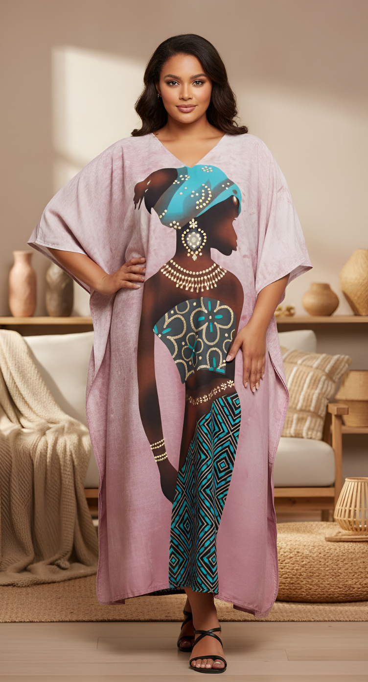 Printed Tribal Pink Polyester Kaftan Dress For Plus Size Women