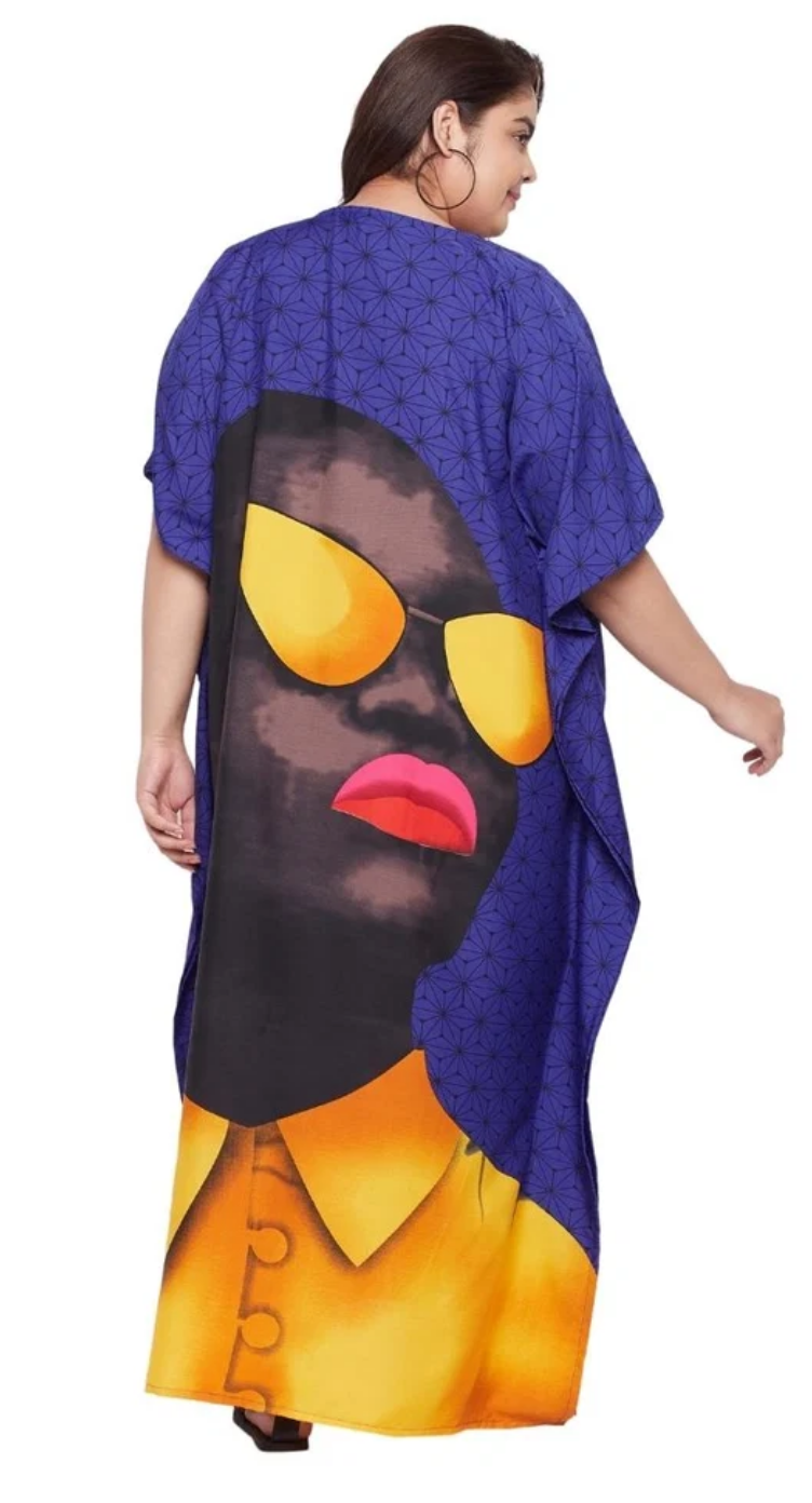 GypsieBlu Purple Polyester Plus Size Kaftan for Women V-Neck 1X-3X - Pop Art Woman Face Graphic Print
