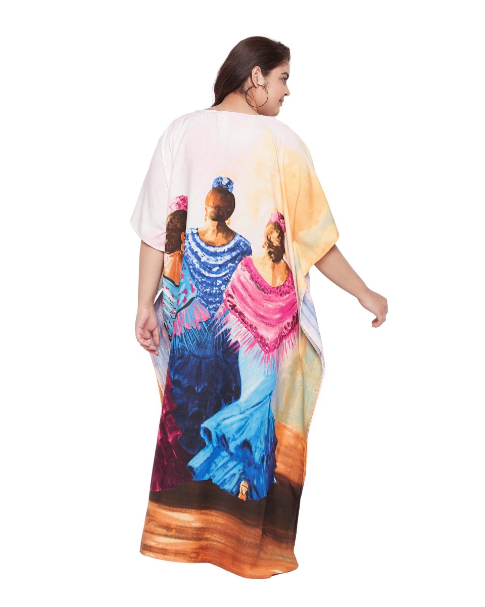 Multicolor Polyester Plus Size Gown Kaftan Dress For Women