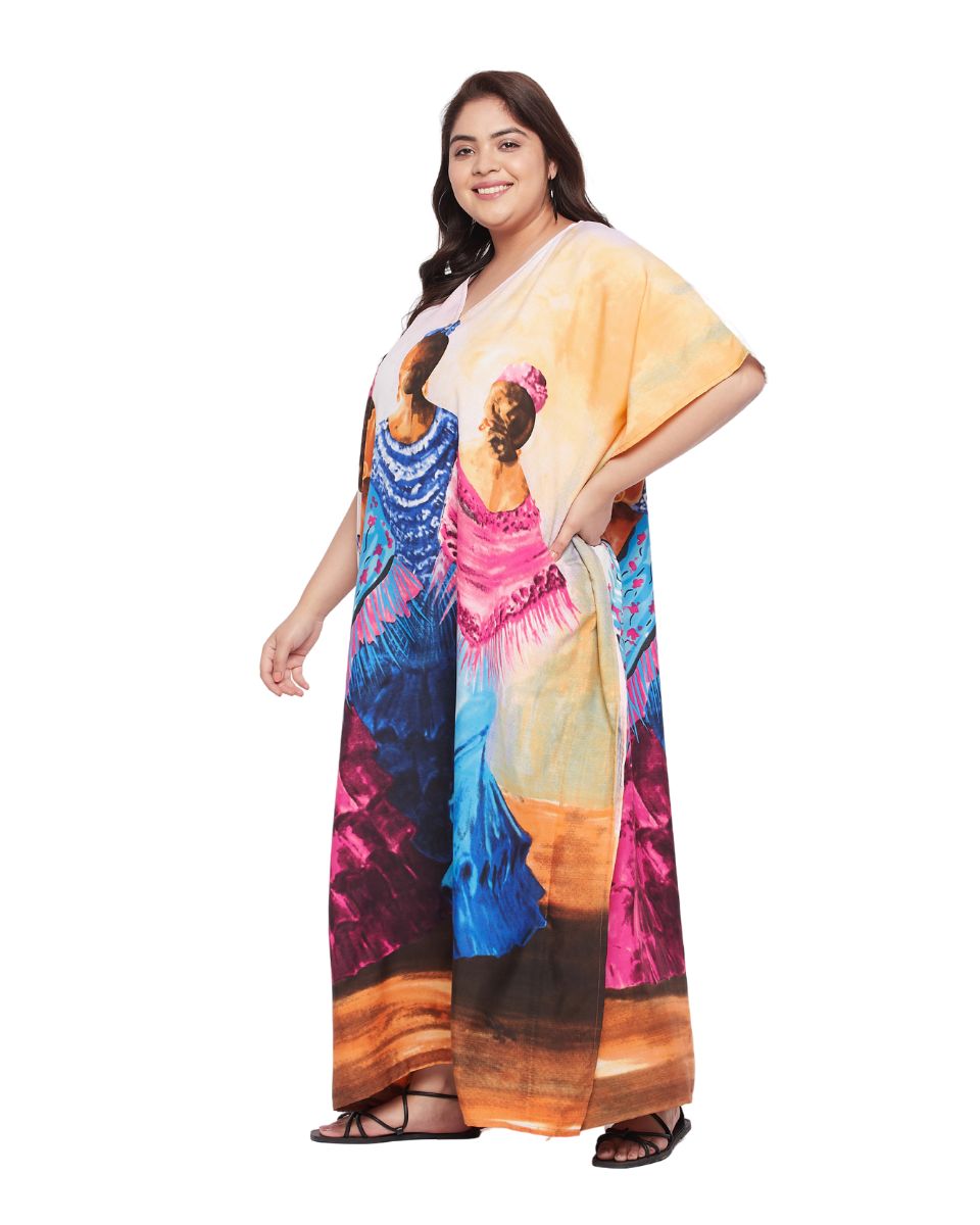 Multicolor Polyester Plus Size Gown Kaftan Dress For Women