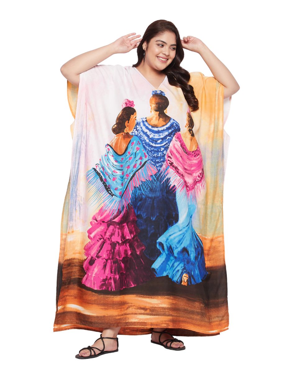 Multicolor Polyester Plus Size Gown Kaftan Dress For Women