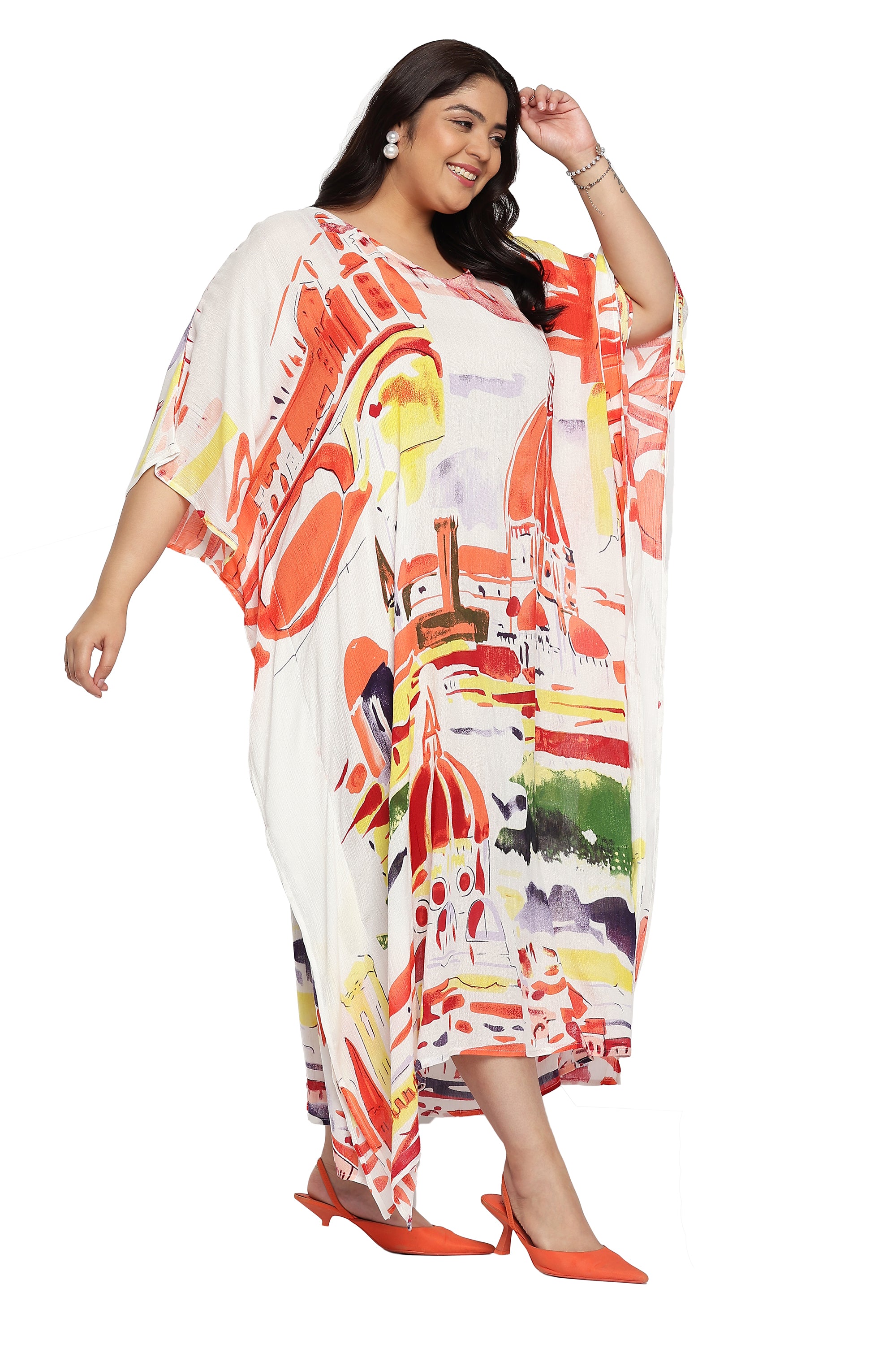 Abstract Orange Rayon Plus Size Kaftan For Women