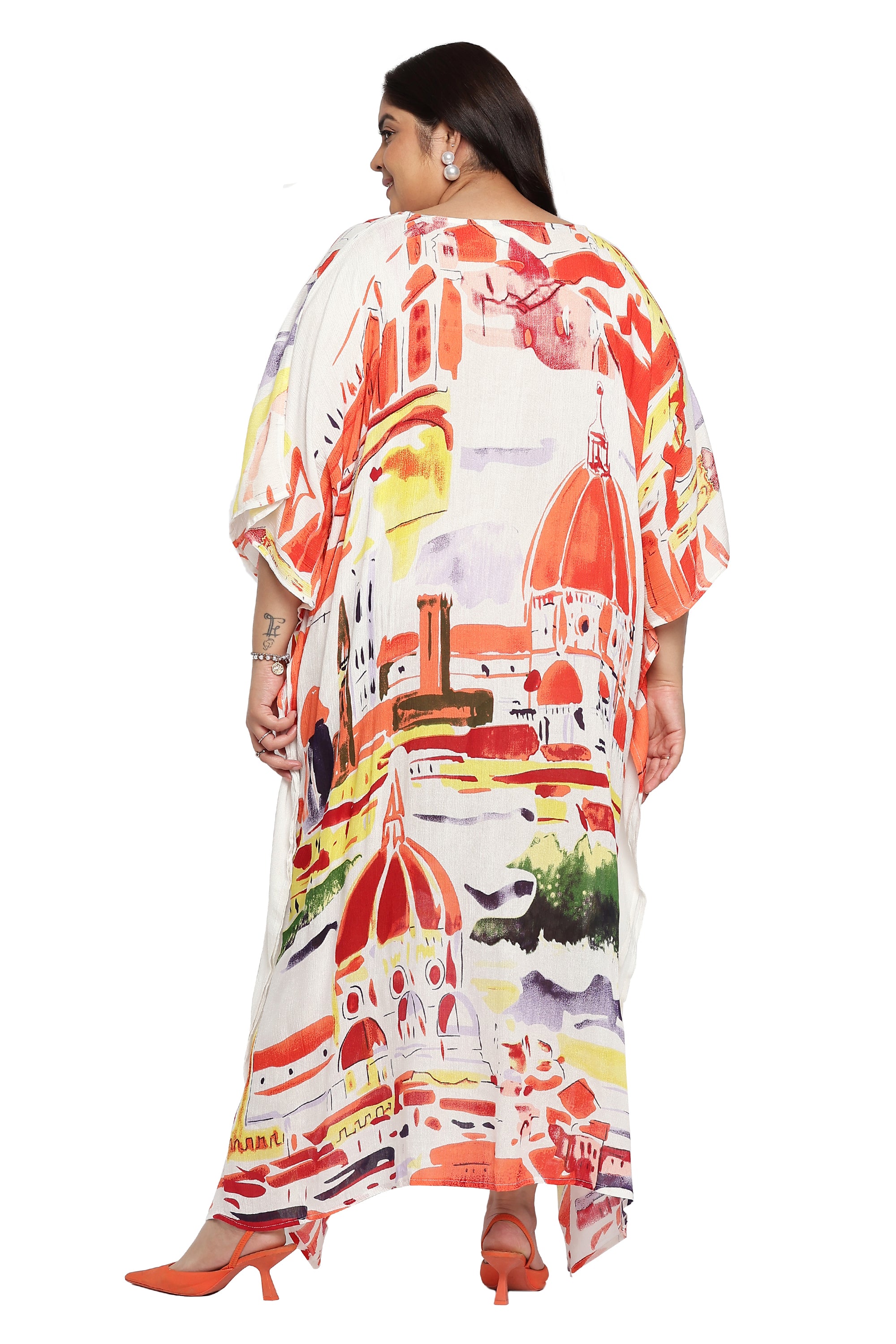 Abstract Orange Rayon Plus Size Kaftan For Women