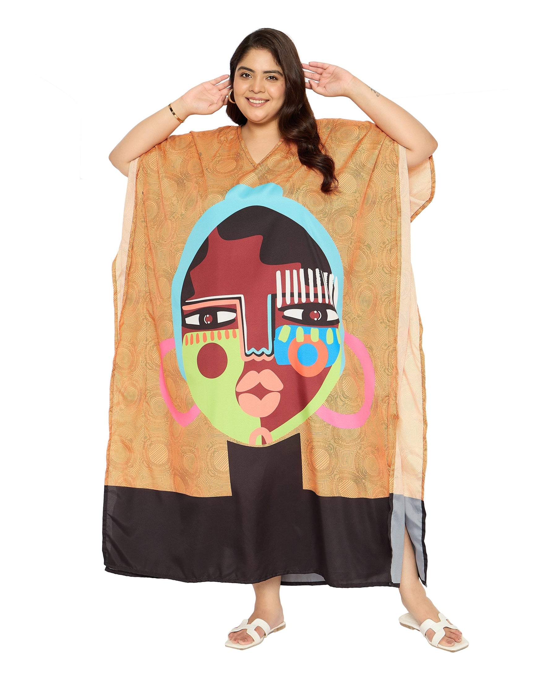 Lady Tribal Brown & Black Polyester Plus Size V Neck Kaftan for Women