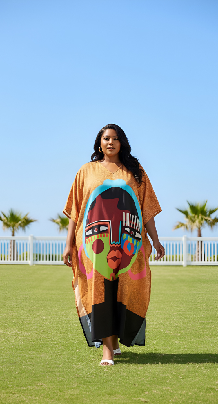 Lady Tribal Brown & Black Polyester Plus Size V Neck Kaftan for Women
