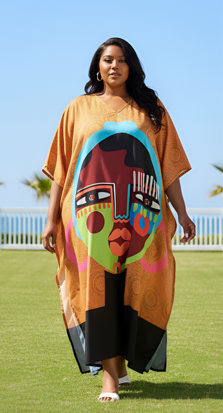 Mustard plus size kaftan with colorful pop art face print and black colorblock hem