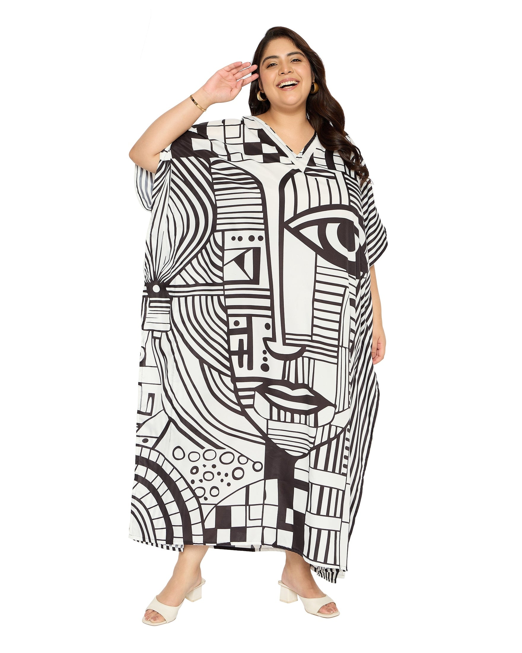 Tribal Black & White Polyester Kaftan for Women