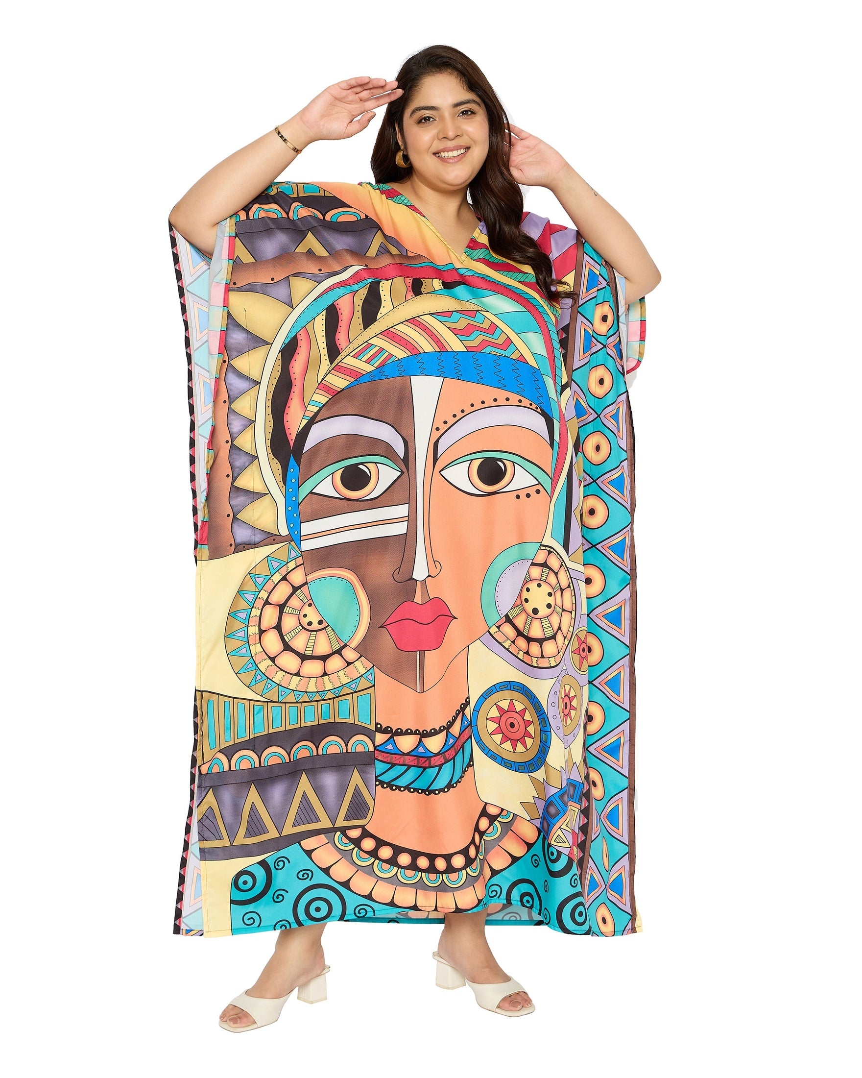 Tribal Multicolor Polyester Plus Size Loungewear Kaftan for Women