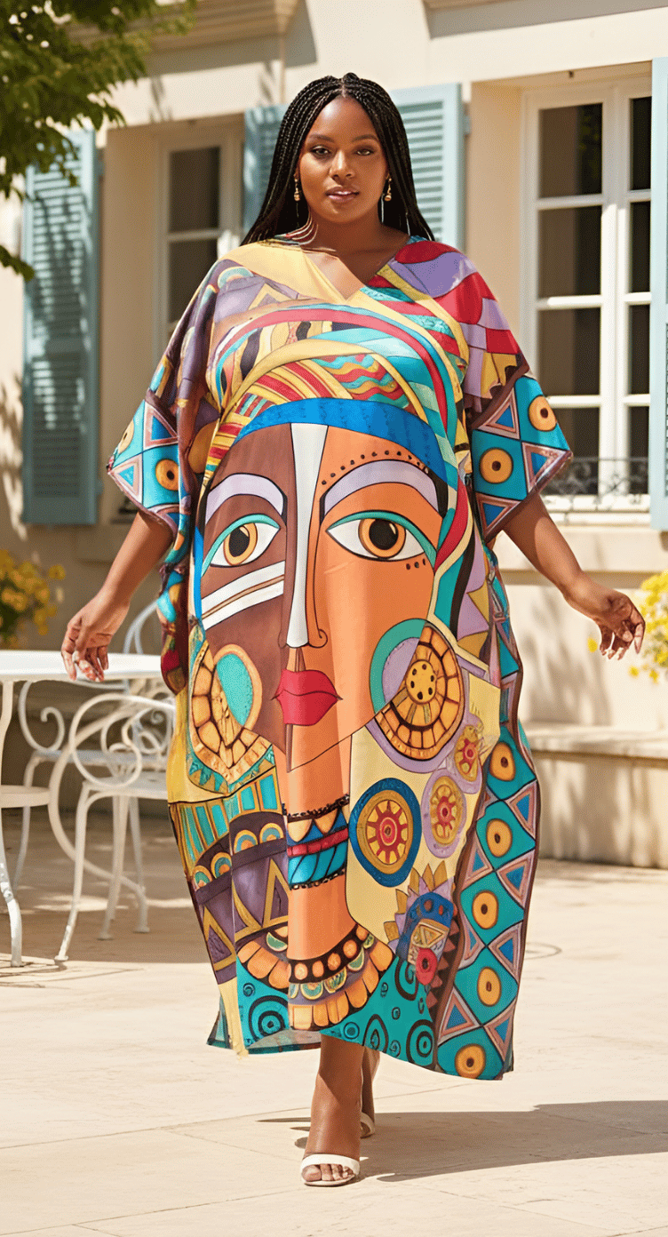 GypsieBlu Multicolor Polyester Plus Size Kaftan for Women Kimono Sleeve 1X-3X - Tribal Cubist Face Medallion Print